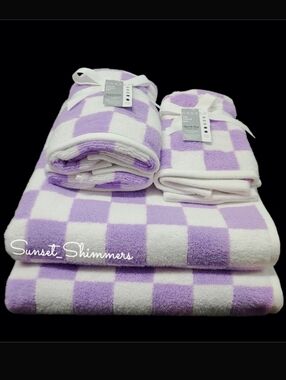 6pc MACKENZIE Style PURPLE White Courtly Check Bath Hand Tip Towel Set Casaba
